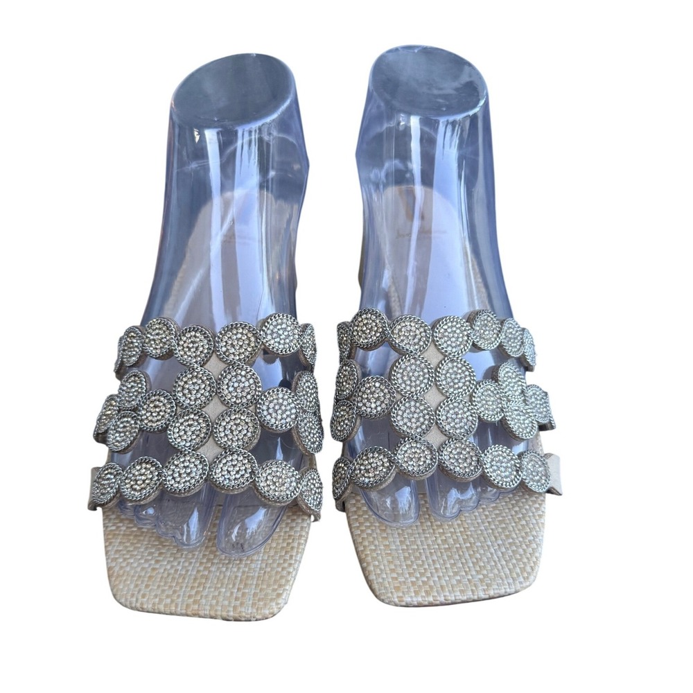 Sam Edelman Womens Crystal Embellished Raffia Block Heel Slide Sandals Beige 7 - Picture 2 of 10
